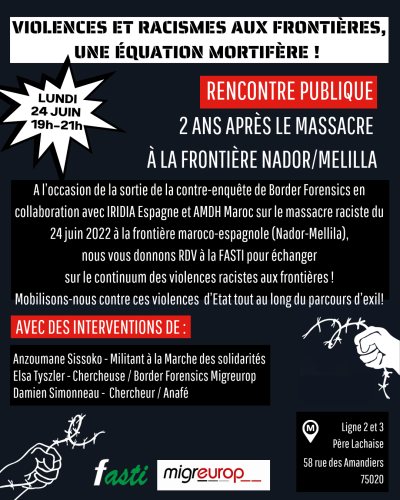 Violences et racismes aux frontières : une équation mortifère. Rencontre publique le 24 juin à 19h à la Fasti